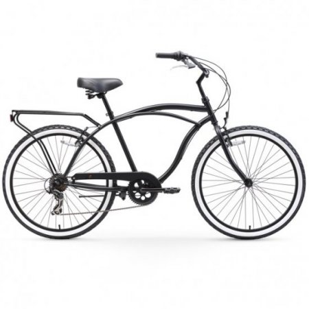 sixthreezero Around the Block Men's 7-Speed Beach Cruiser Bicycle with Rear Rack, 26 In. Wheels, Matte Black