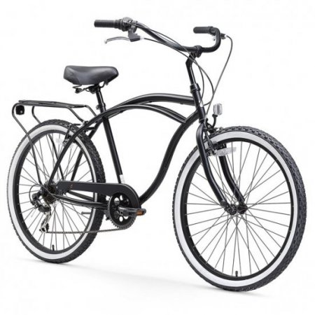 sixthreezero Around the Block Men's 7-Speed Beach Cruiser Bicycle with Rear Rack, 26 In. Wheels, Matte Black