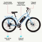 Schwinn EC1 electric cruiser-style bicycle; 26-inch wheels, 7 speeds, blue