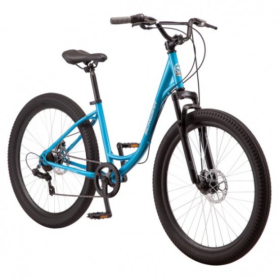 Schwinn Bellwood comfort hybrid bike, 7-speeds, 27.5-inch wheels, blue, step-through, low