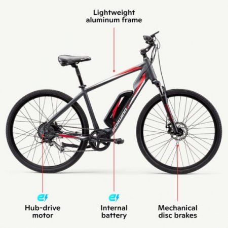 Schwinn Armature Electric Bike, 8 Speeds, 700c Wheels, Black and Red