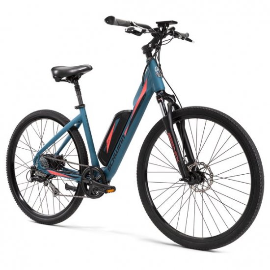 Schwinn Armature Electric Bike, 8 speeds, 700c wheels, blue