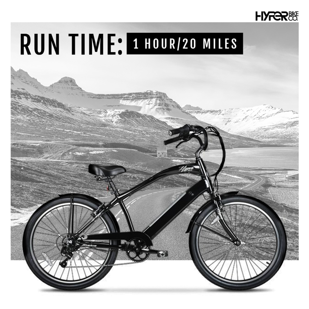 Hyper Bicycles E-Ride Electric Pedal Assist Men's Cruiser Bike, 26" Wheels, Black